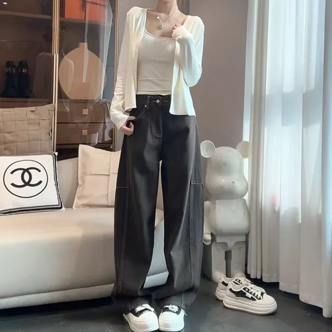 松林绿牛仔裤女爆款2025早秋新款美式显瘦宽松百搭弯刀裤子