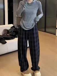 格子裤子女秋季新款大码胖mm显瘦弯刀裤高腰宽松香蕉裤宽松阔腿裤