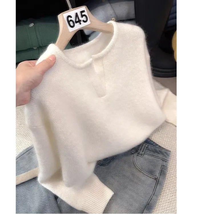 645加厚百搭简约上衣常规款宽松剪刀领不褪色针织毛衣