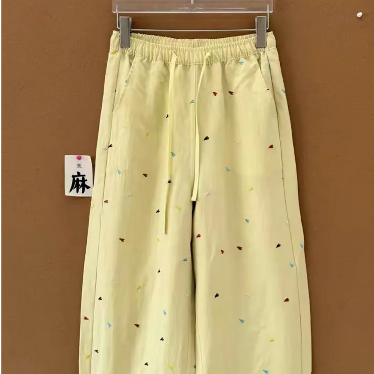 천억수출입~韩系~五彩斑点刺绣刺绣亚麻裤休闲直筒裤