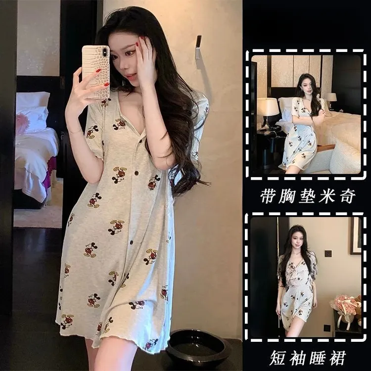 韩版卡通米奇纯欲中长款睡裙女夏季开衫薄款家居服短袖睡裙宽松