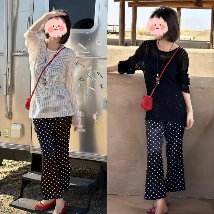 2025秋季设计感微透镂空防晒罩衫宽松显瘦上衣女波点微喇裤两件套