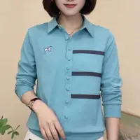 8953-（狗狗刺绣）（湖兰）三条线半纽扣衬衫