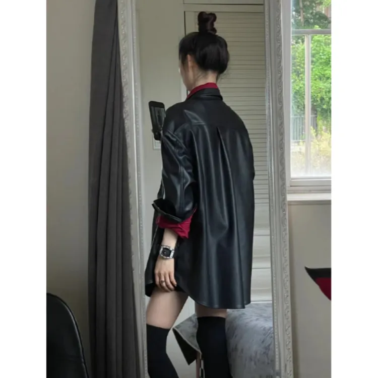 春季新款PU黑色皮衣外套+红色衬衣设计感高级叠穿两件套春秋女装