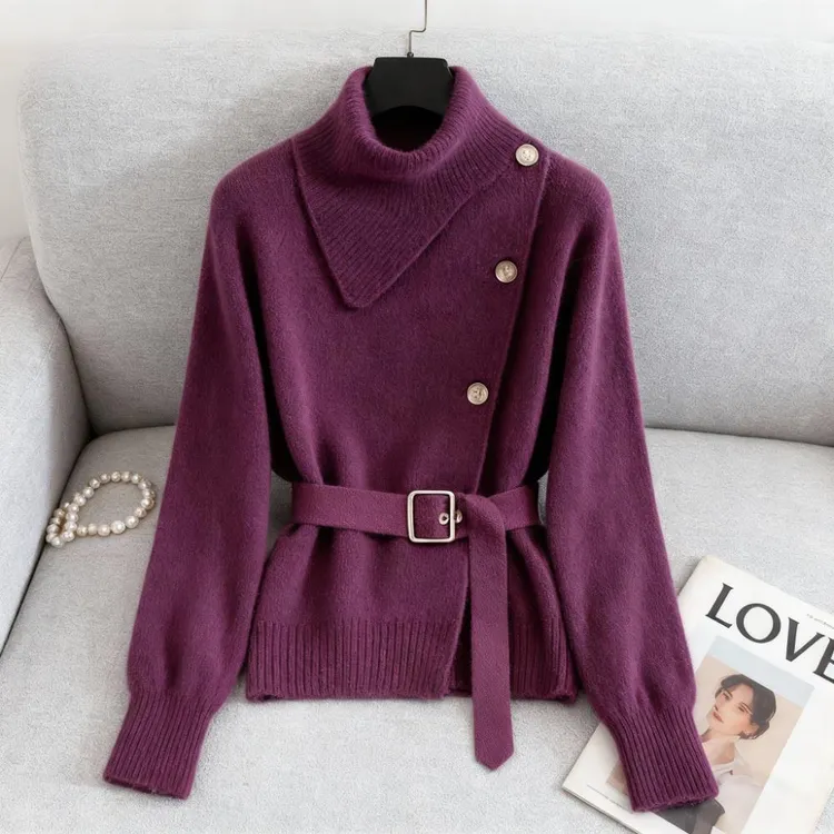 时尚轻熟风高领系带收腰显瘦针织衫女2025秋冬新款洋气减龄毛衣女