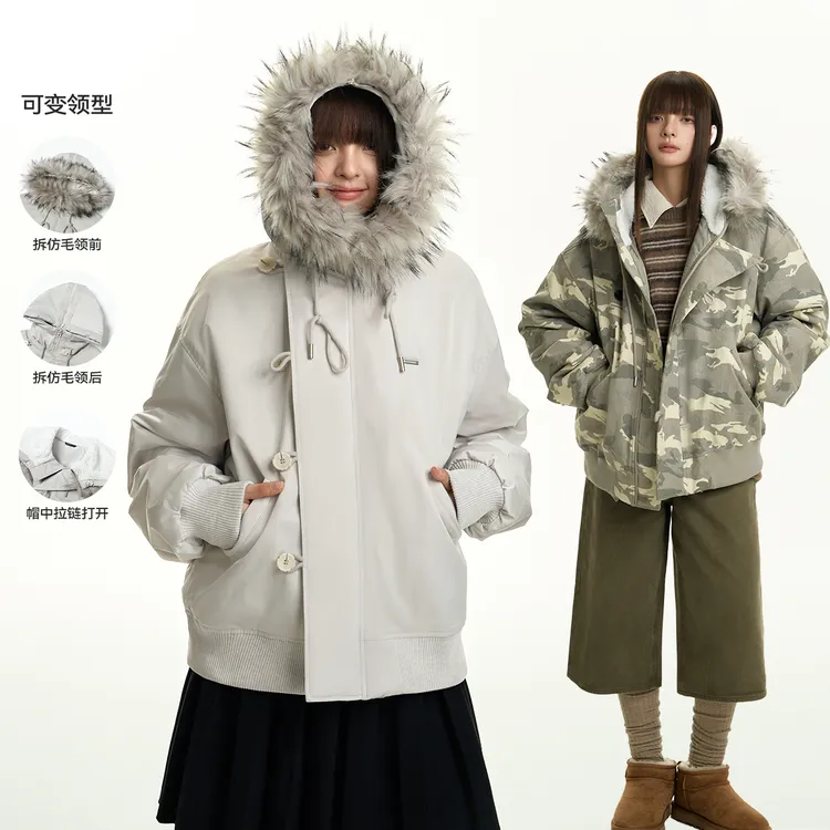 TGNS连帽大毛领羽绒服冬季外套女复古派克服座山雕加厚保暖外套男