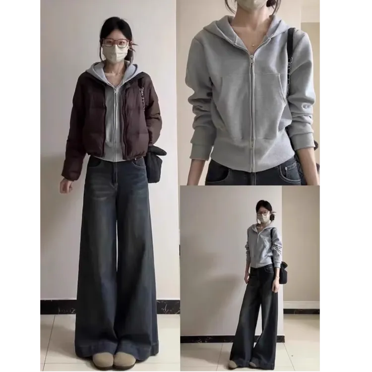 灰色卫衣正肩短款外套女秋季连帽修身收腰上衣早秋韩系穿搭小个子