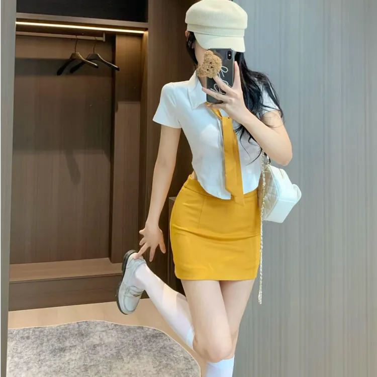 甜辣妹polo领短袖衬衫夏季领带性格高腰小个子修身显瘦短款套装女