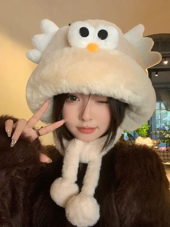 可爱卡通毛绒绒帽子女冬季加厚保暖护耳雷锋帽大头围显脸小套头帽