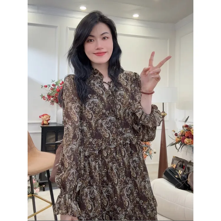 小个子/常规【秋霜】复古木耳领印花气质长袖连衣裙秋季女
