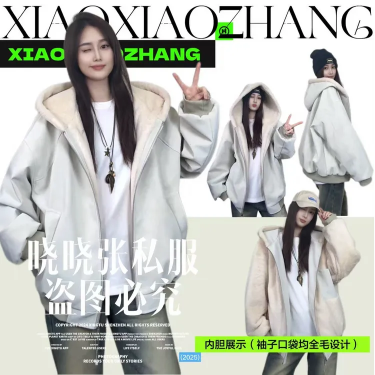 美式重磅荔枝纹PU皮加绒加厚皮衣皮棉服秋冬新款毛领百搭情侣外套