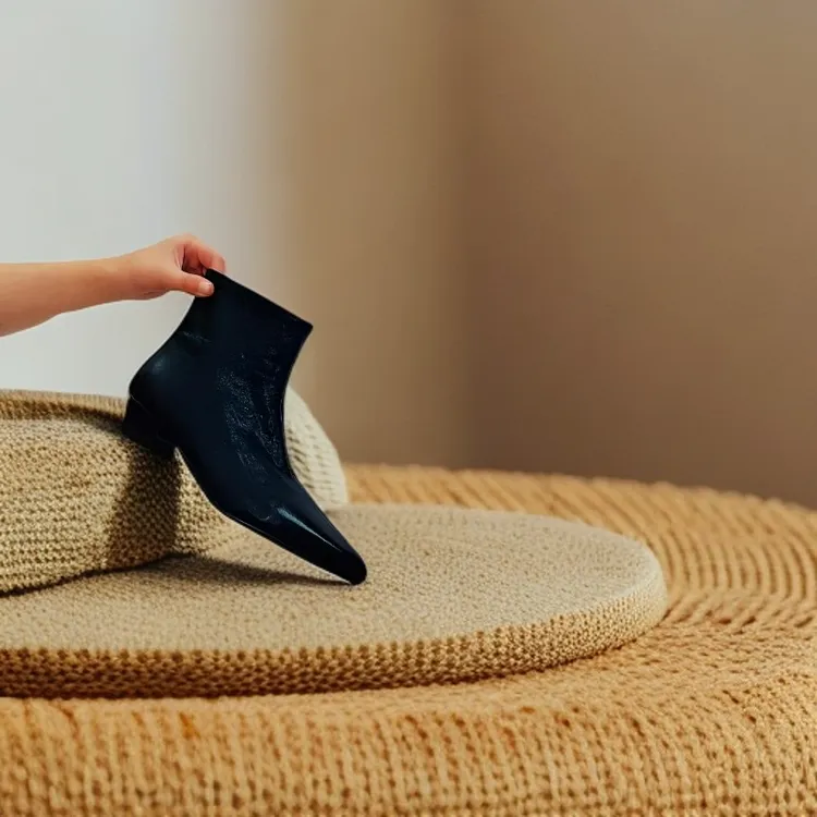 秋冬新款复古极简风法式粗跟尖头及裸靴时尚切尔西靴