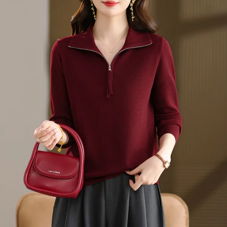 品牌女装60支超细精纺羊毛衫！半拉链翻领毛衣打底衫