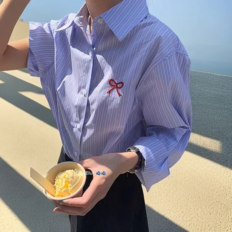 金怡定制 通勤蓝条纹刺绣蝴蝶结长袖衬衫2025新款休闲百搭衬衣