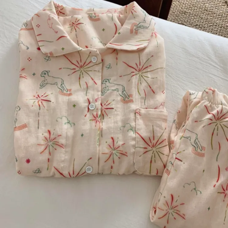 新年烟花睡衣女2025早春新款休闲宽松长袖开衫长裤家居服套装大码