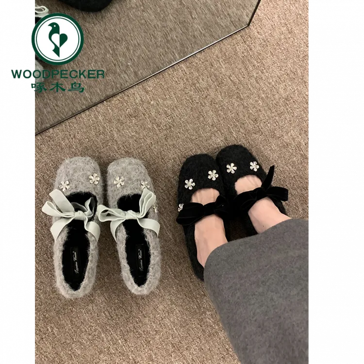 啄木鸟千金感花朵水钻加绒内增高玛丽珍秋冬2025保暖小香风单鞋女