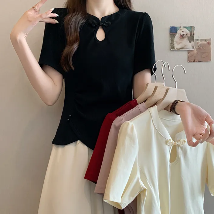 夏季2025年新款女纯色简约百搭设计感新中式镂空盘扣短袖T恤上衣