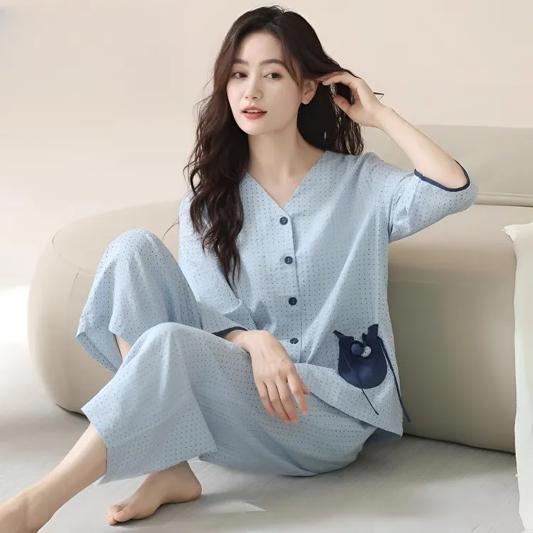 睡衣女七分袖长裤春夏透气大码可外穿薄款女士休闲新款家居服