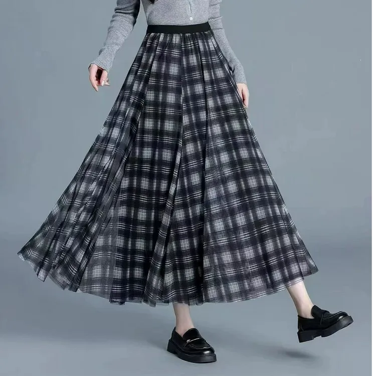 【两面穿】秋冬格子网纱大摆裙亮闪闪黑色大摆裙松紧高腰休闲a字裙