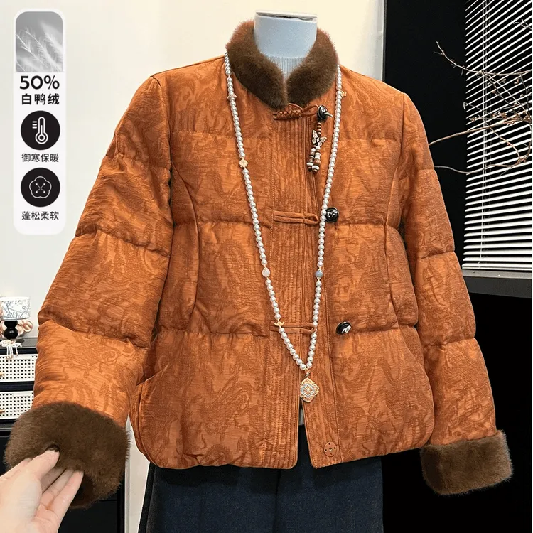 妈妈装新中式国风毛领短款羽绒服冬新款2025中年洋气加厚棉服外套
