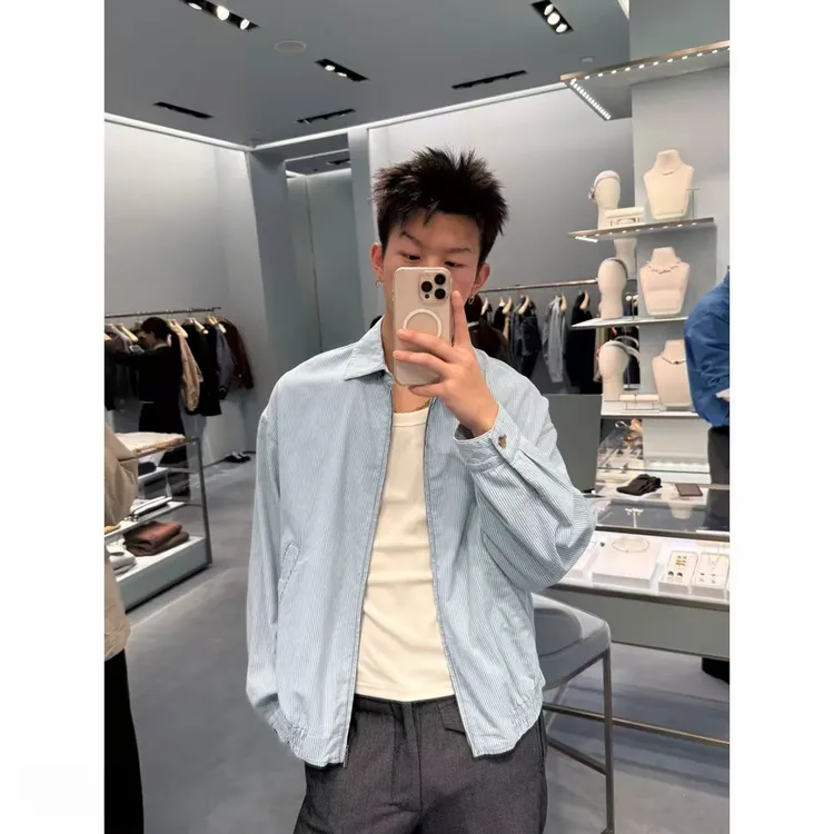 HandSeven秋冬2025年外套男款春秋松弛轻薄百搭蓝白条纹翻领夹克