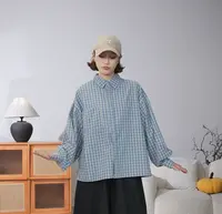 复古款式格纹长袖单排扣文艺衬衫