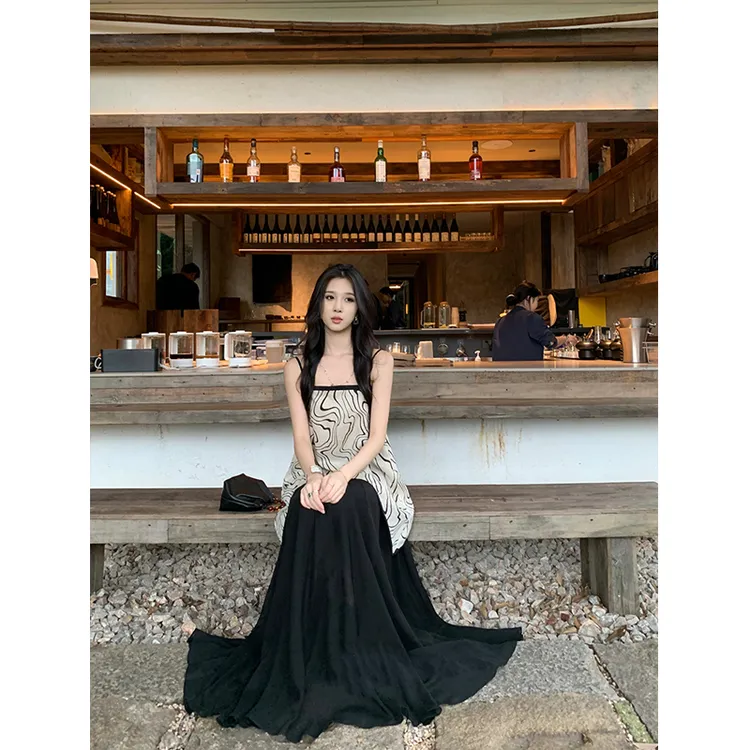 by onion 艺术复古印花吊带背心女夏季宽松撞色A字无袖上衣