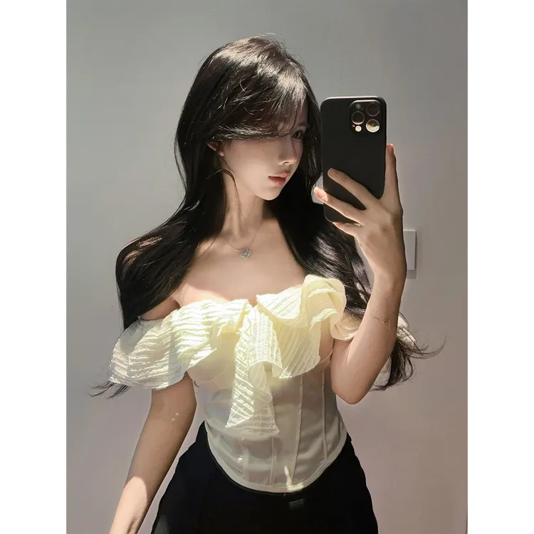 法式辣妹穿搭2025春夏新款一字肩荷叶边收腰露肩衬衫高腰短裙套装