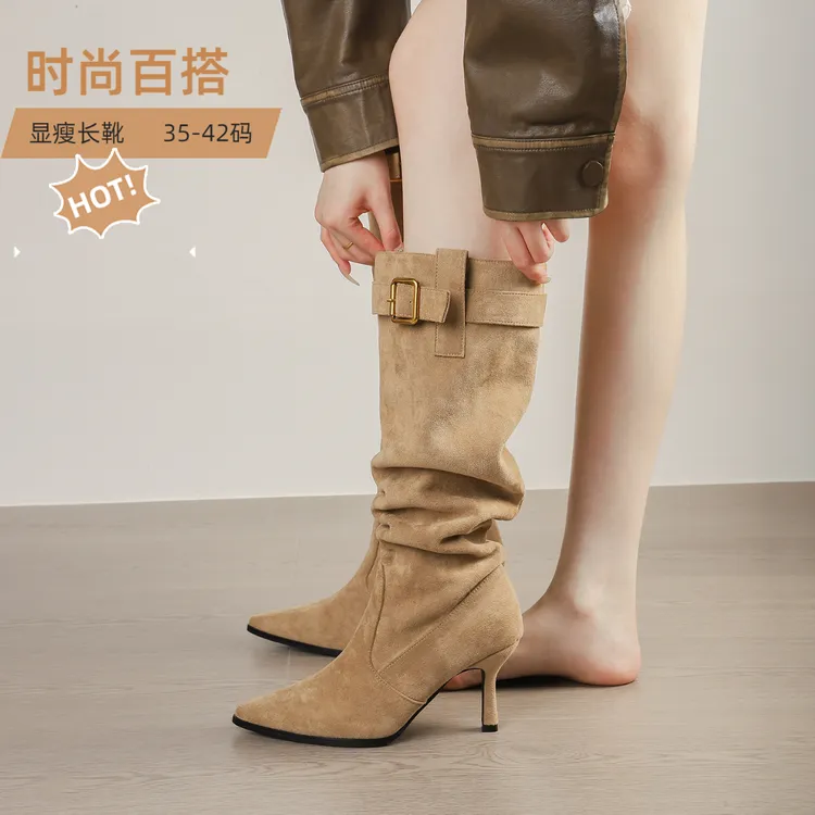 尖头细跟显瘦长靴女2025秋冬不过膝堆堆靴皮带扣高跟长筒靴瘦瘦靴