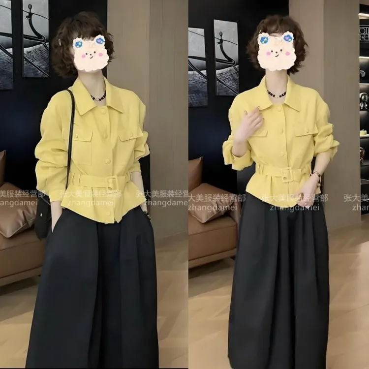 明星同款春夏时尚翻领单排扣短外套腰带显瘦收腰减龄衬衫百搭上衣