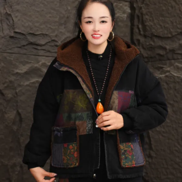 复古两面不起球棉服宽松型棉衣保暖休闲牛仔女连帽棉衣家裤子套装