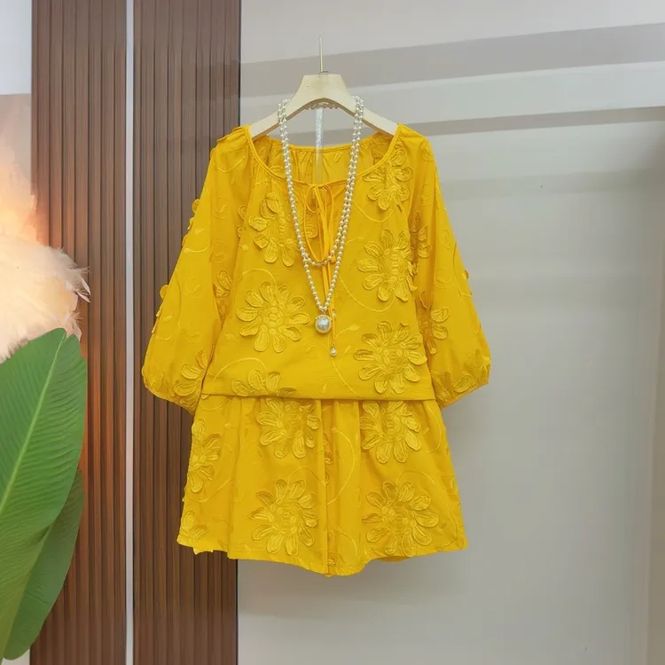 2025夏季新款休闲套装糖果色立体花朵设计宽松百搭大衫+短裤0113