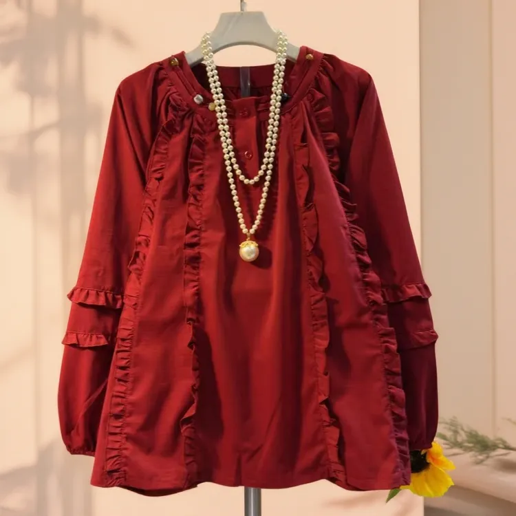 YM减龄新款大码女装胖MM时尚韩版圆领订珠木耳花边宽松衬衫