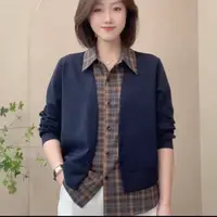 时尚长袖衬衫女~2025新款洋气显瘦百搭假两件格纹拼接衬衣上衣955