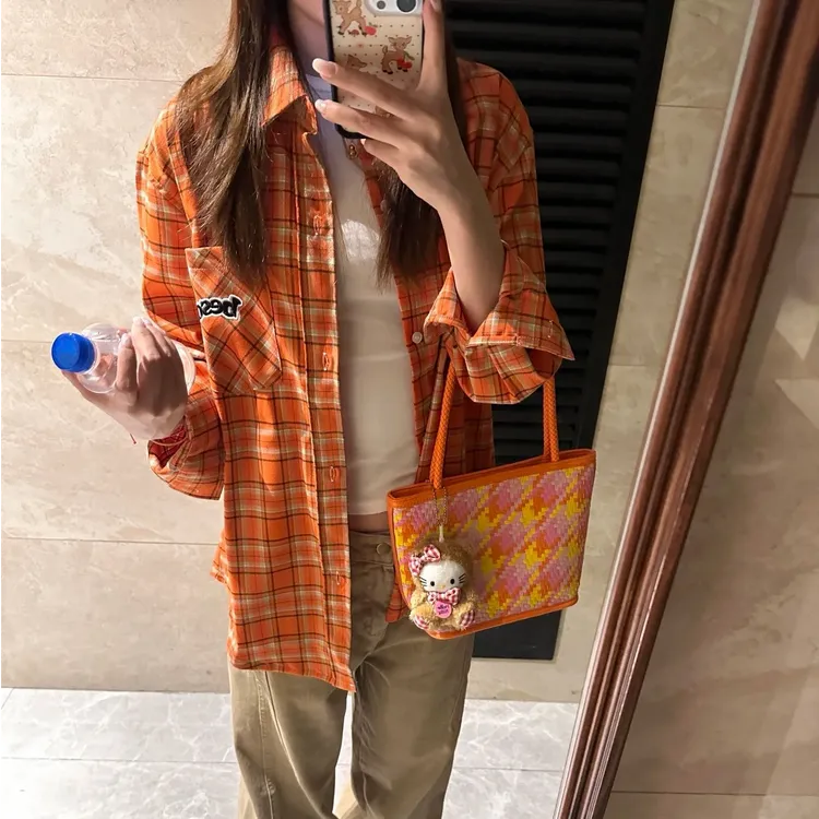 橙色宽松刺绣格子衬衫开衫上衣女复古休闲衬衣秋慵懒风多巴胺衬衫