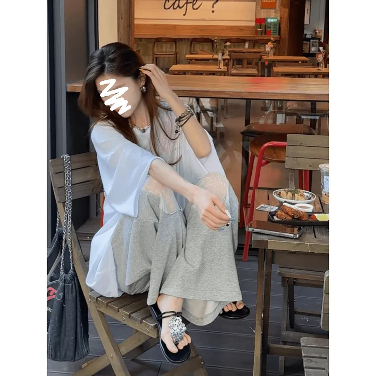 MARIE.COCO慵懒松弛感白色显瘦短袖上衣时尚洋气蕾丝休闲长裤套装