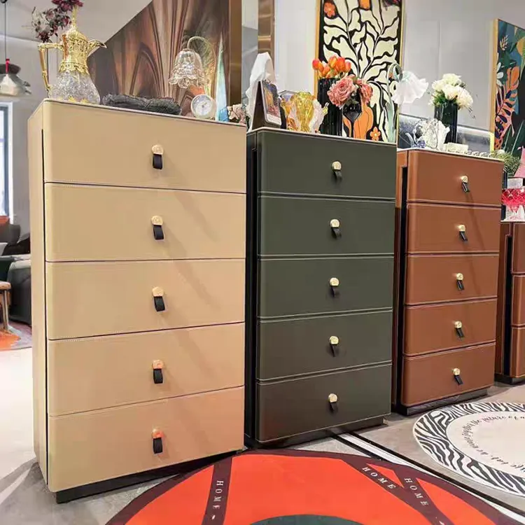 60*40*120cm轻奢五斗柜实木马鞍皮卧室抽屉柜意式斗柜边柜多斗柜