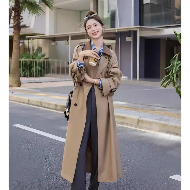 早秋新款英伦风撞色中长款风衣女2025高级感韩版显瘦气质大衣外套
