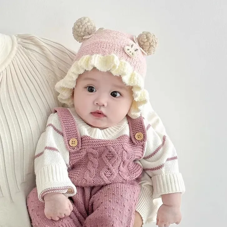婴儿帽子秋冬季可爱针织毛线帽小月龄新生保暖防风护耳宝宝帽子冬