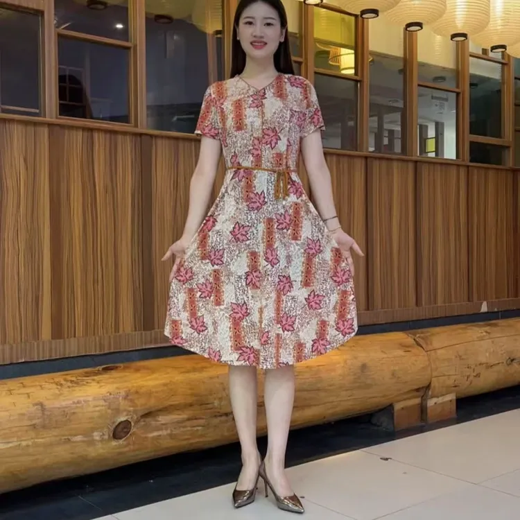 中年妈妈夏装短袖系带连衣裙中老年人夏季洋气碎花裙子