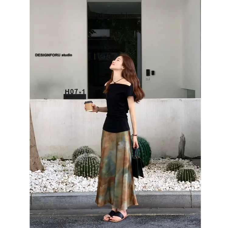 MARIE.COCO韩系黑色一字肩修身上衣晕染印花半身裙女长裙子两件套