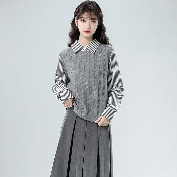 秋冬叠穿条纹衬衫女拼接针织马甲显瘦时尚穿搭宽松打底职业上衣