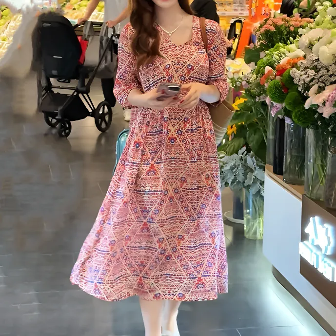 法式V领中袖连衣裙女2025夏季新款宽松显瘦慵懒风碎花洋气气质裙