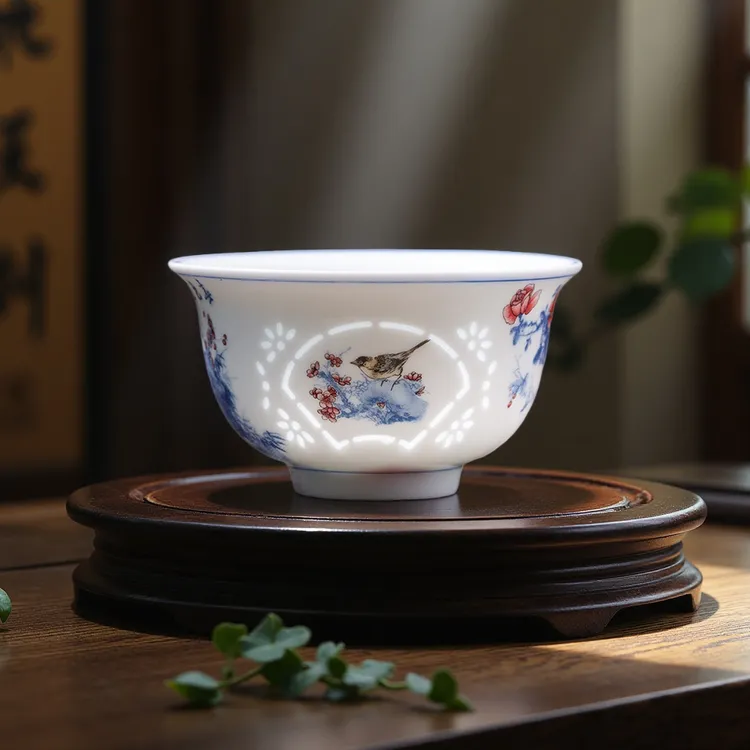 景德镇青花玲珑花鸟主人杯单杯压手杯高档个人专用喝茶器具