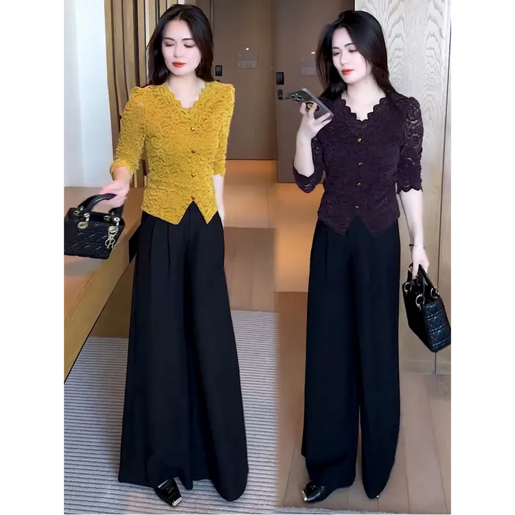 时尚套装女2025秋季新款时髦洋气长袖打底蕾丝衫阔腿裤气质两件套