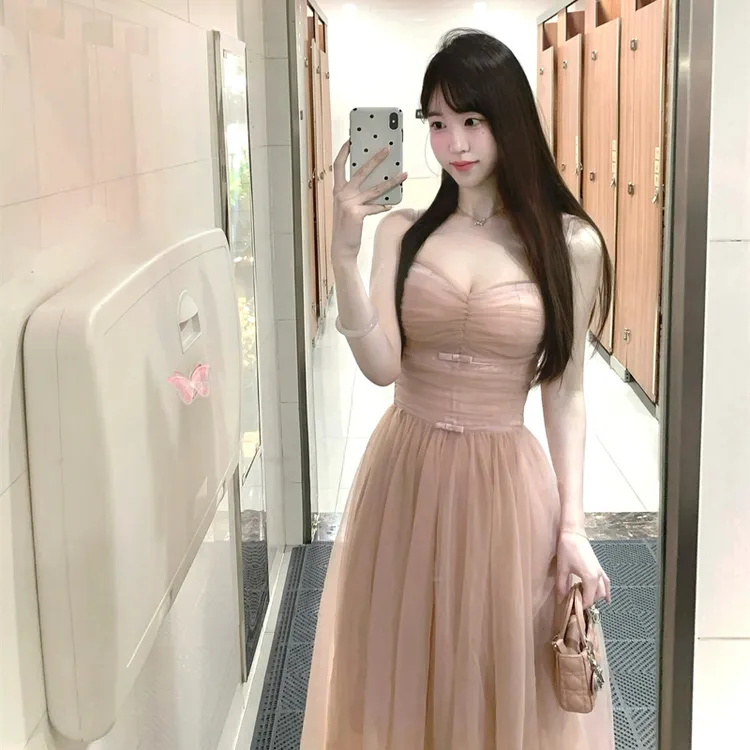 甜心公主浪漫流沙芭蕾裙网纱蝴蝶结无袖吊带背心收腰长裙连衣裙