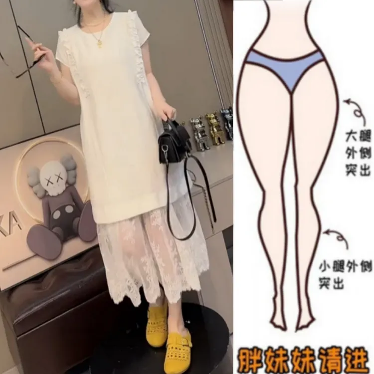 大码胖妹妹夏季新款薄款舒适圆领宽松显瘦时尚洋气蕾丝拼接连衣裙