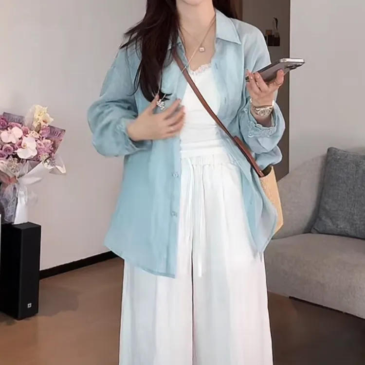简约风纯色翻领新款松弛感休闲长袖衬衫女2025年夏季新款防晒衬衣