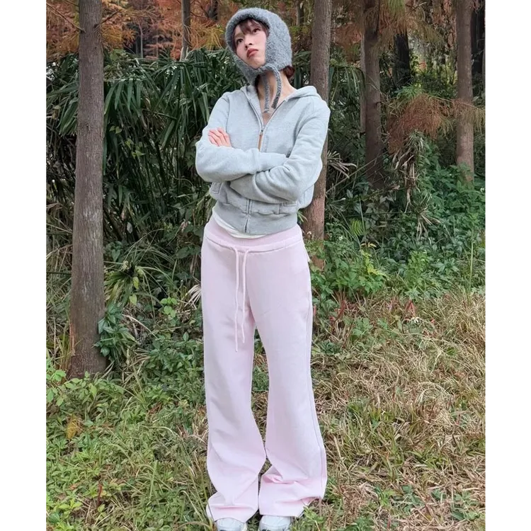 慵懒风粉色微喇卫裤女春季新款休闲运动裤加绒修身显瘦直筒长裤子