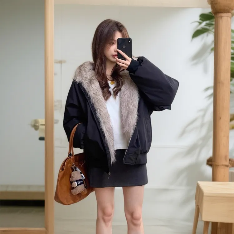 中年毛茸茸连帽羽绒棉服女加绒加厚夹克美式冬季新款派克服棉衣外